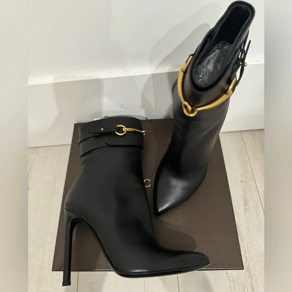 Gucci Ankle Boots Black Leather Horsebit Size 37 - Picture 2 of 5